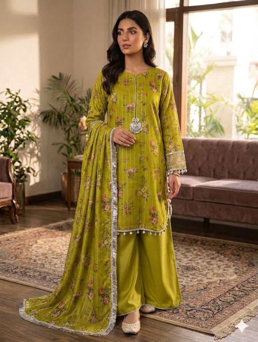 Lf028- Printed Sheesha Silk Shirt With Flapper And Printed Sheesha Silk Dupatta
