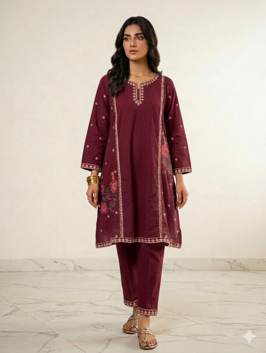 S002- 2pc Slub Embroidered Frock With Trouser