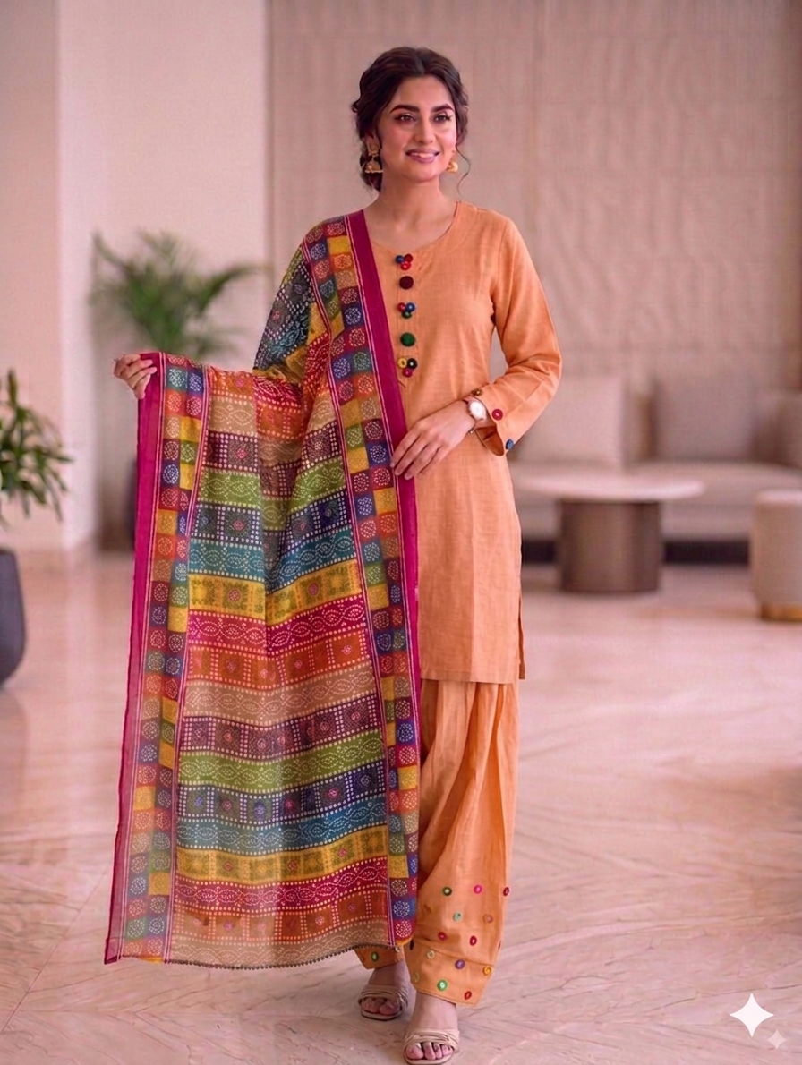 Sw001- Cotton Farshi Shalwar With Shirt And Chunri Multi Dupatta