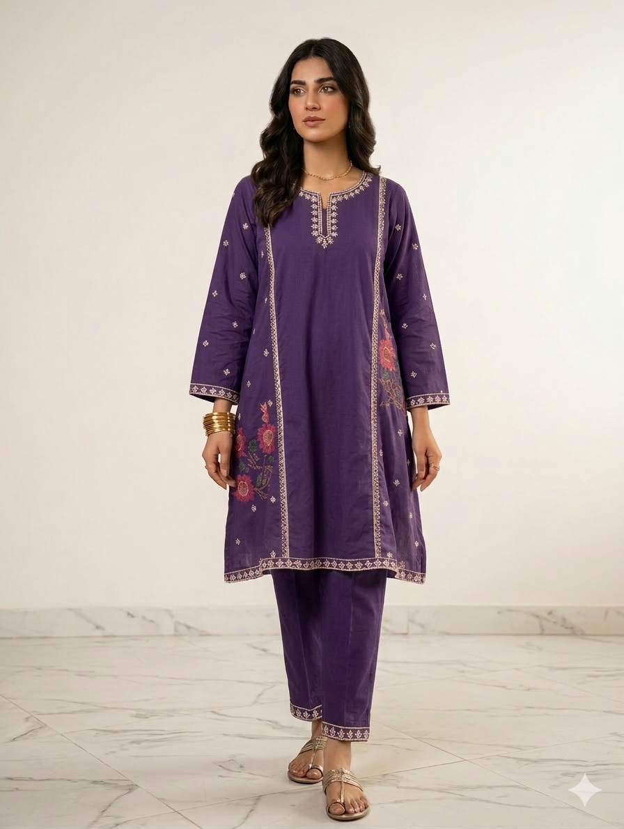 S002- 2pc Slub Embroidered Frock With Trouser