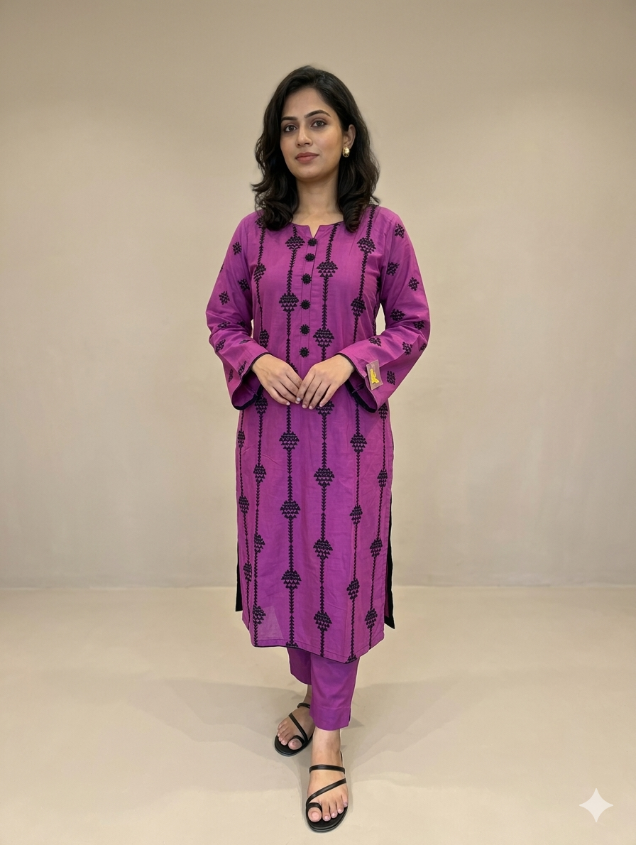S004- 2pc Slub Long Length Embroidered Shirt With Trouser