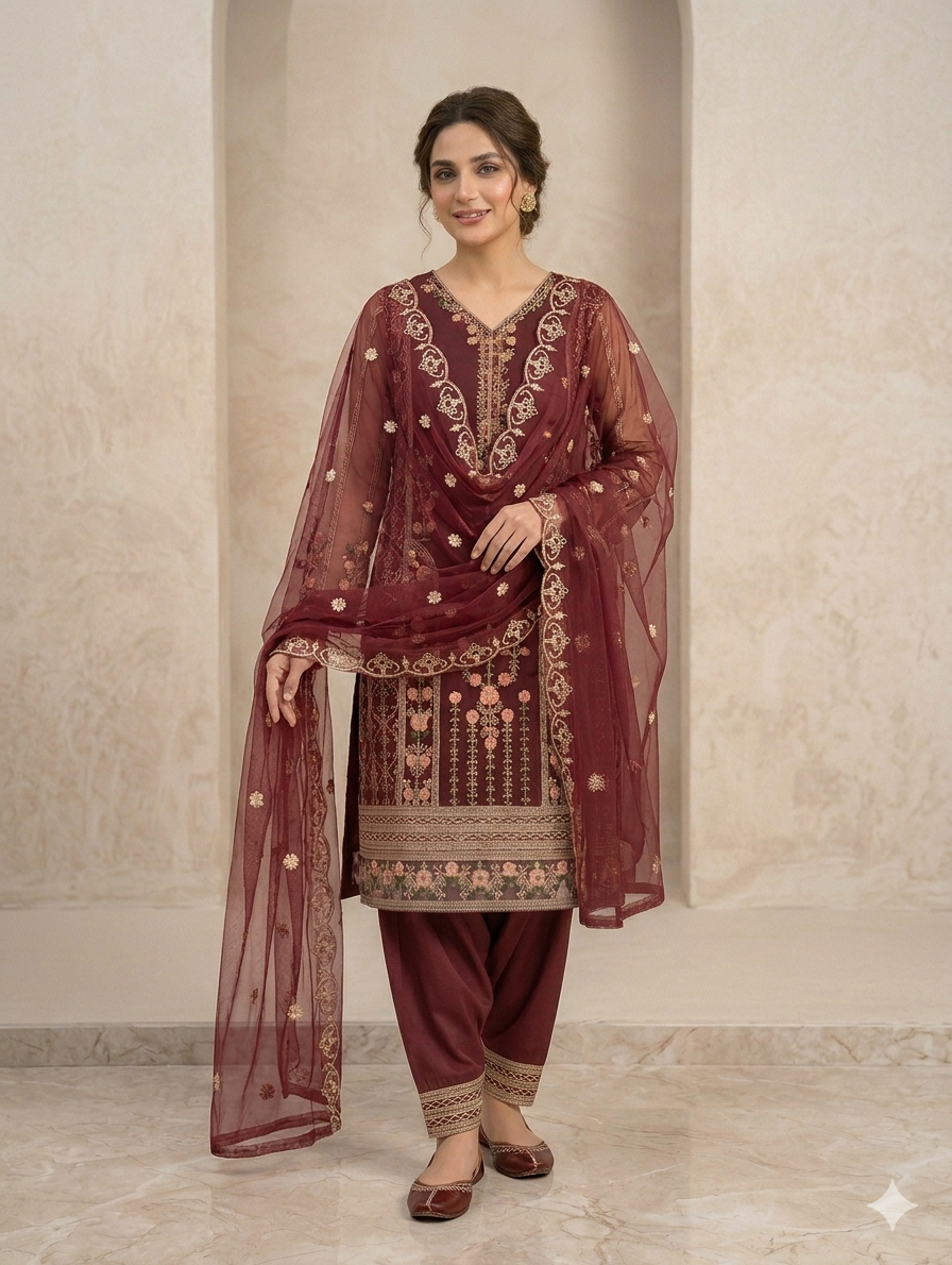 Lf077- 3pc Organza Embroidered Shirt With Trouser And Organza Dupatta
