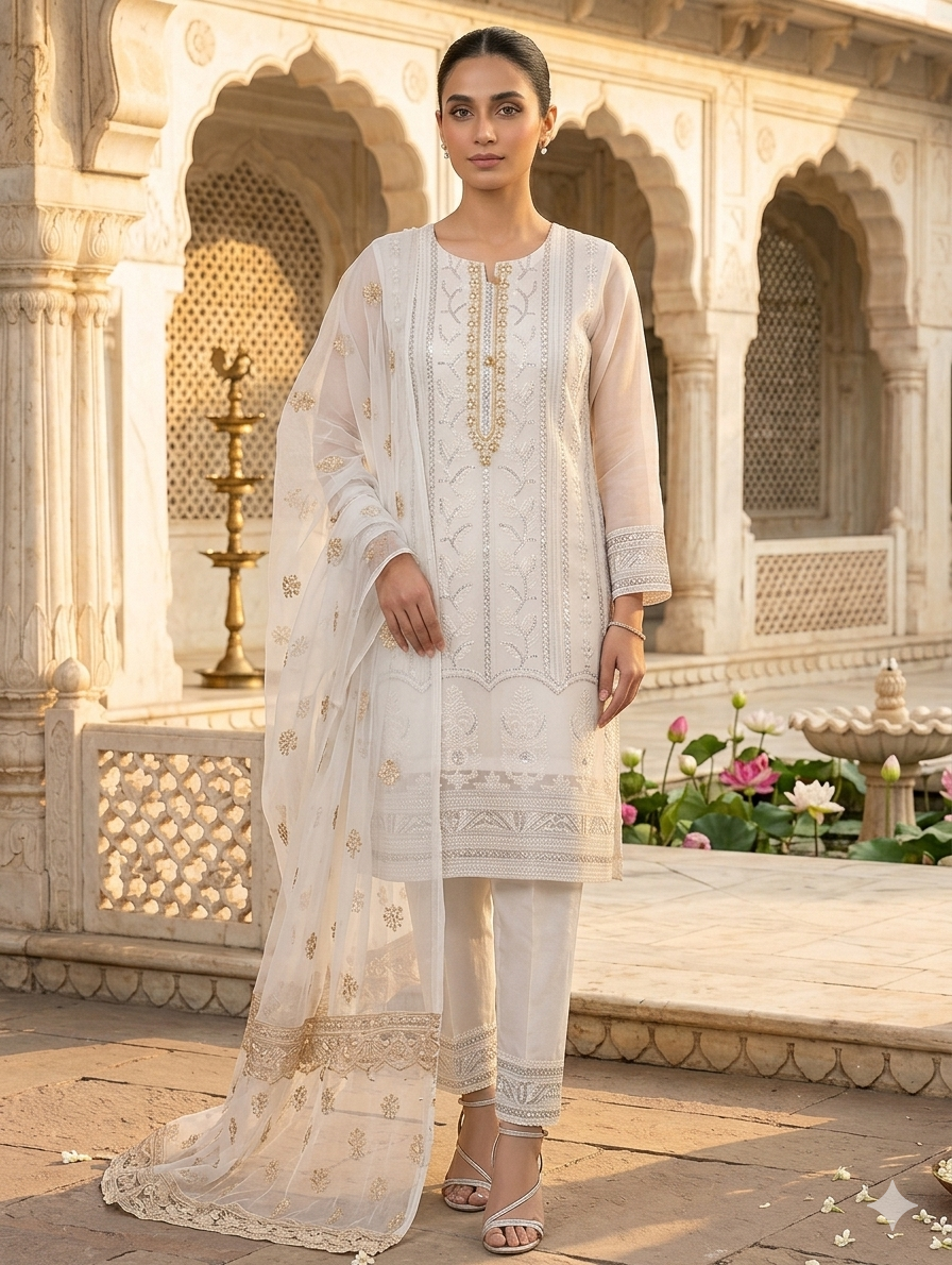 Lf030- 3pc Organza Sequence Embroidered Shirt With Trouser And Dupatta