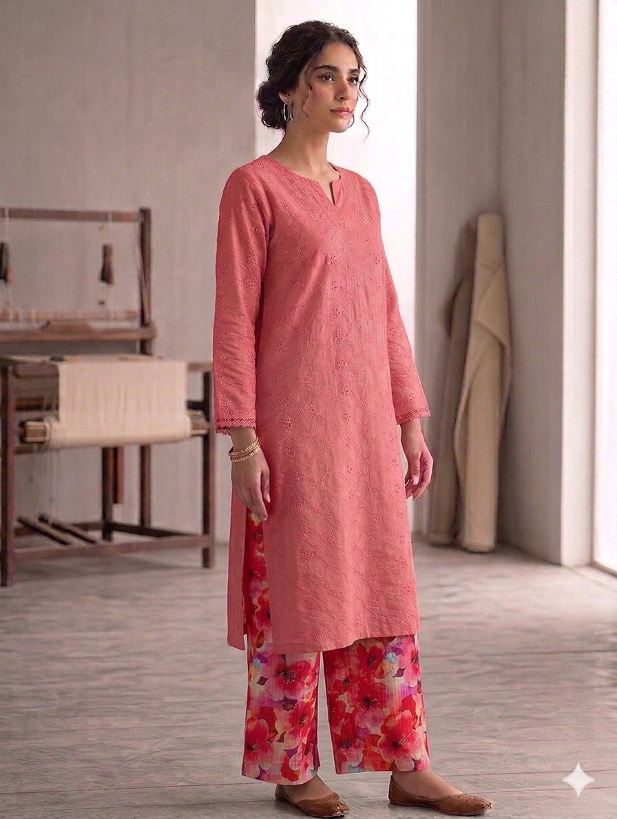 Sw006- Chickenkari Long Shirt With Printed Straight Trouser
