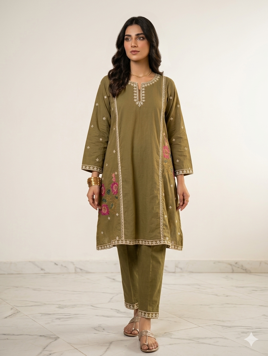 S002- 2pc Slub Embroidered Frock With Trouser