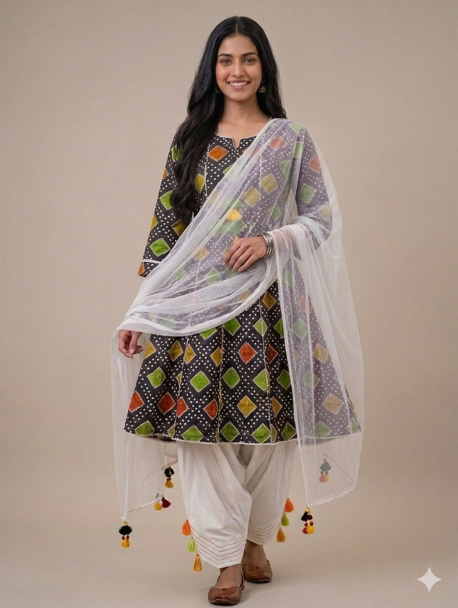 Sw005- Chunri Printed Frock With Farshi Shalwar And Shafoon Dupatta