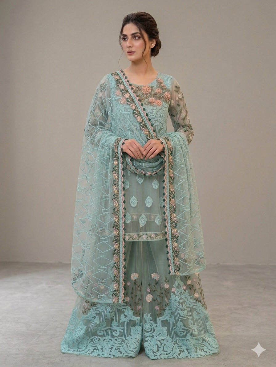 Lf090-3pc Net heavy Embroidered Frock With Net Embroidered Flapper And Dupatta