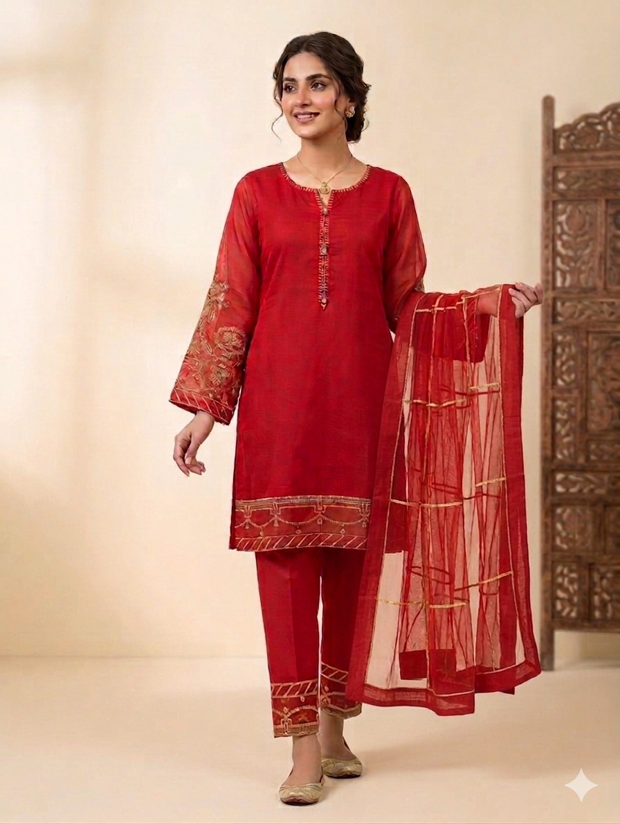 Lf034- 3pc Khadi Net Embroidered Shirt With Trouser And Net Dupatta