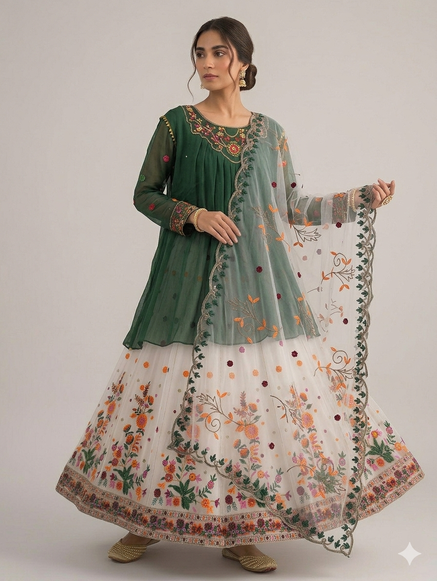 Lf082- 3pc Embroidered Organza Lehnga With Shafoon Short Frock And Organza Embroidered Dupatta