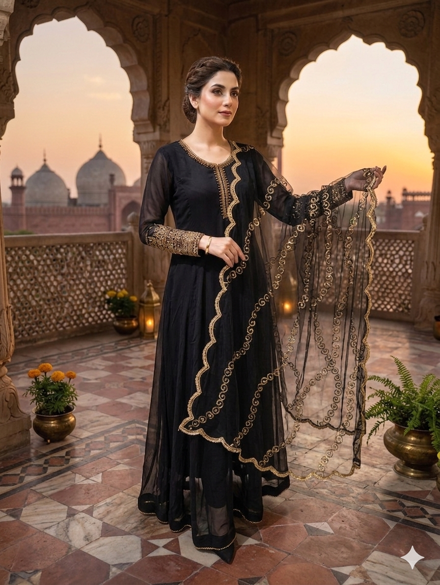 Lf093- 3pc Shafoon Maxi With Trouser And Organza Embroidered Dupatta