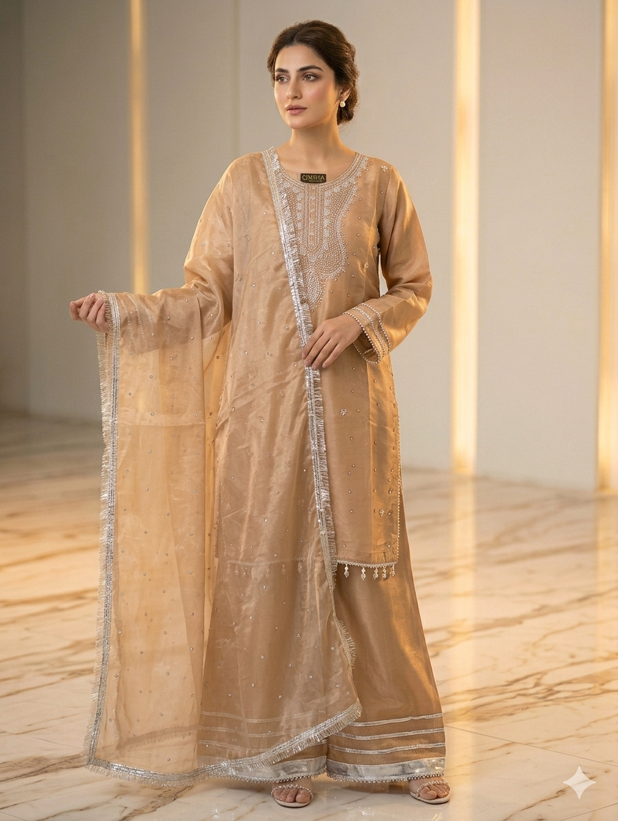 Lf026- 3pc Sheesha Silk HandMade Shirt With Flapper And Stone Work Dupatta