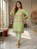 Lf036- 3pc Broche Fancy Shirt With Malai Trouser And Net Dupatta