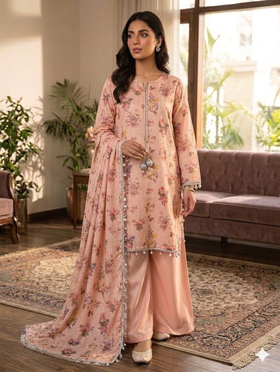 Lf028- Printed Sheesha Silk Shirt With Flapper And Printed Sheesha Silk Dupatta
