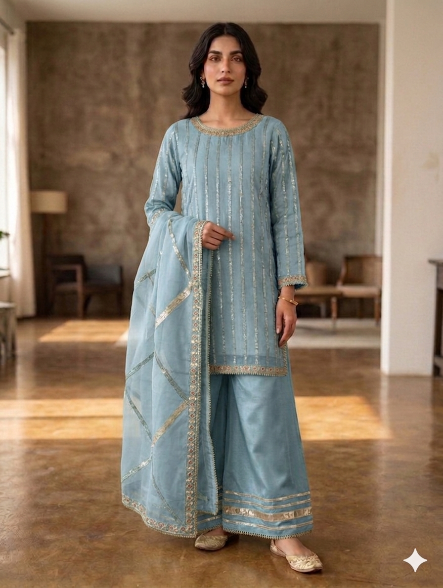 Lf041- 3pc Organza Embroidered Shirt With Flapper And Embroidered Dupatta