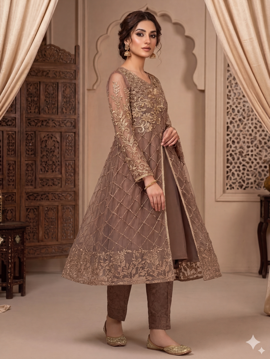 Lf041- 3pc Fancy Gown Style Maxi With Inner Frock, Trouser And Dupatta