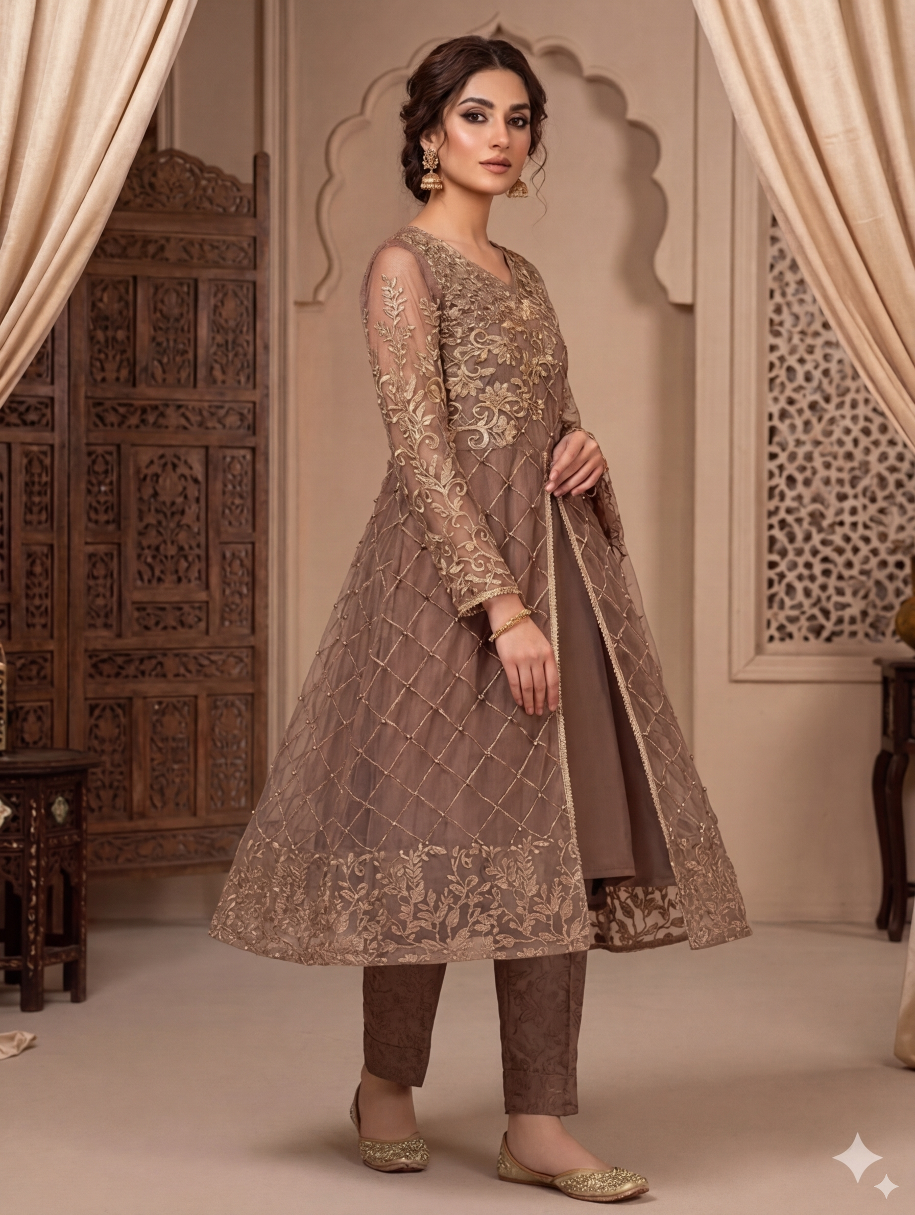 Lf041- 3pc Fancy Gown Style Maxi With Inner Frock, Trouser And Dupatta