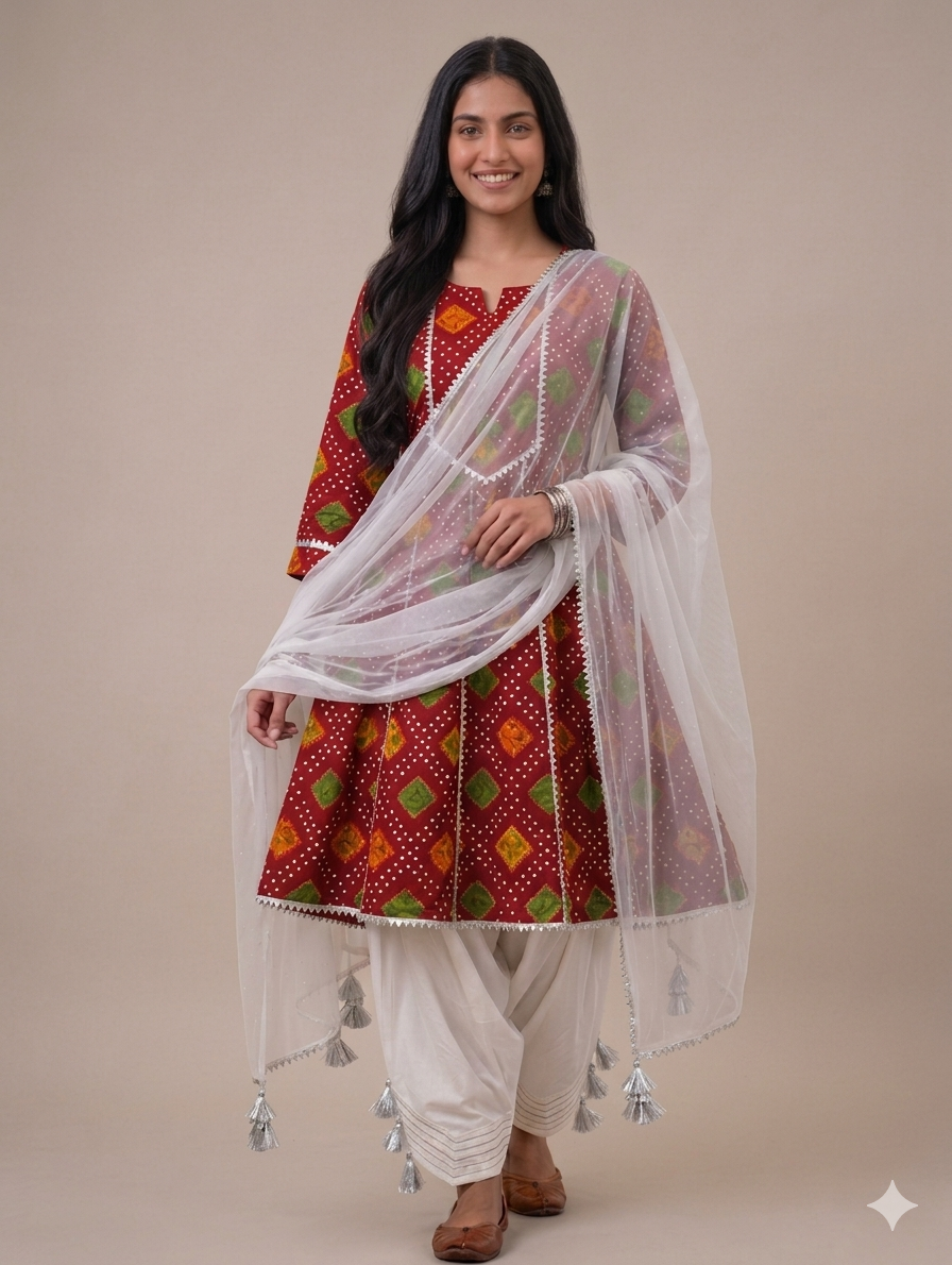 Sw005- Chunri Printed Frock With Farshi Shalwar And Shafoon Dupatta