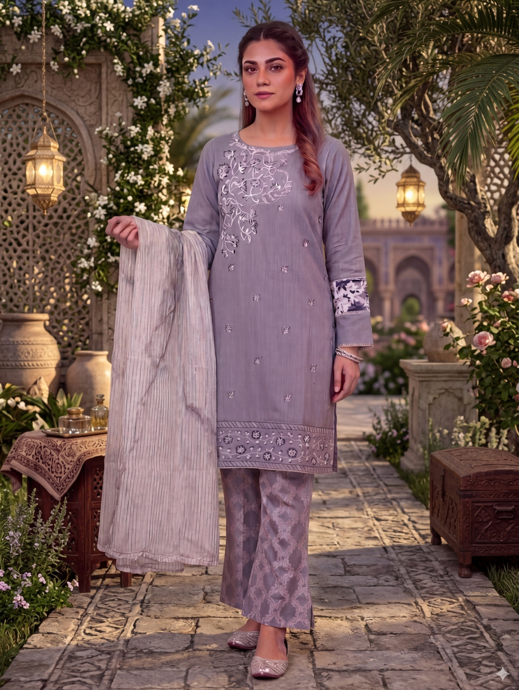 Lf042- 3pc Broche Embroidered Shirt With Broche Trouser And Organza Dupatta