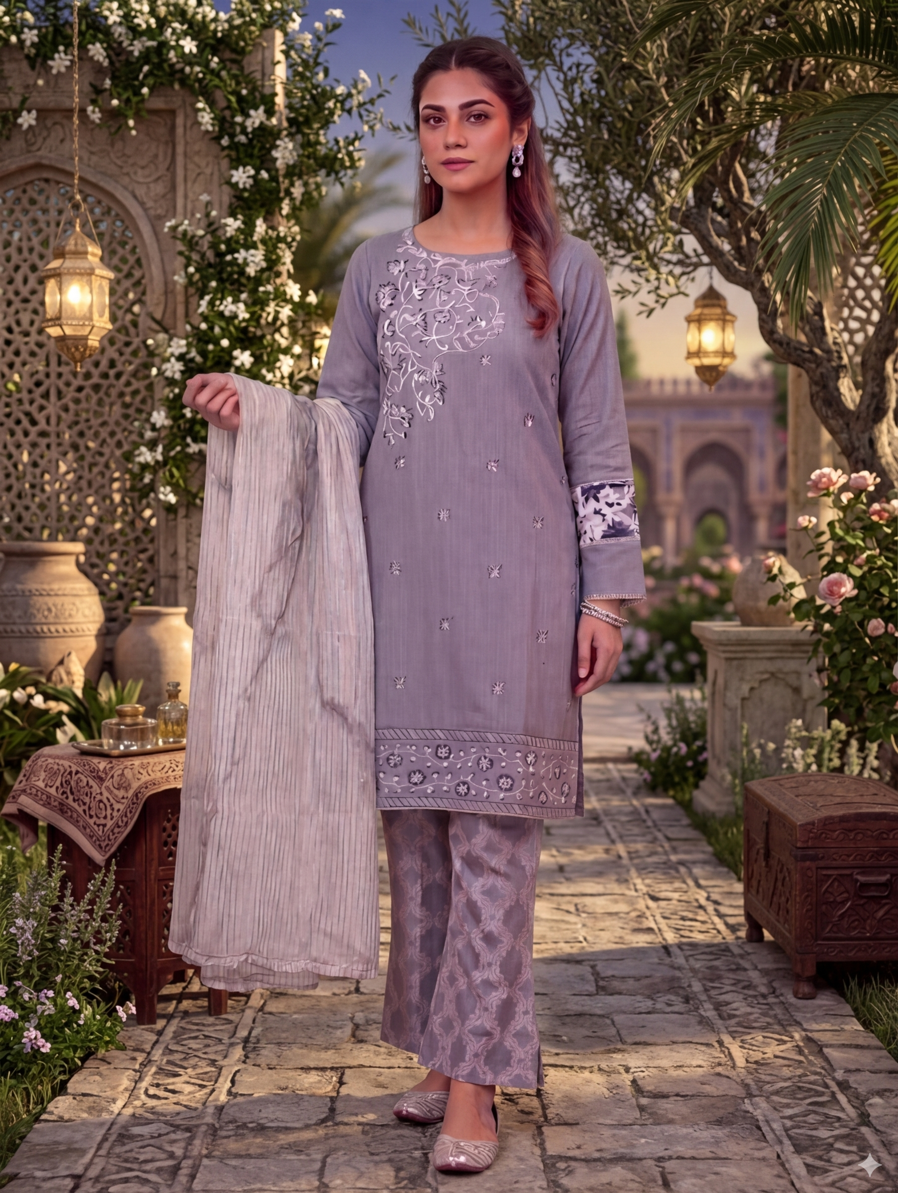 Lf042- 3pc Broche Embroidered Shirt With Broche Trouser And Organza Dupatta