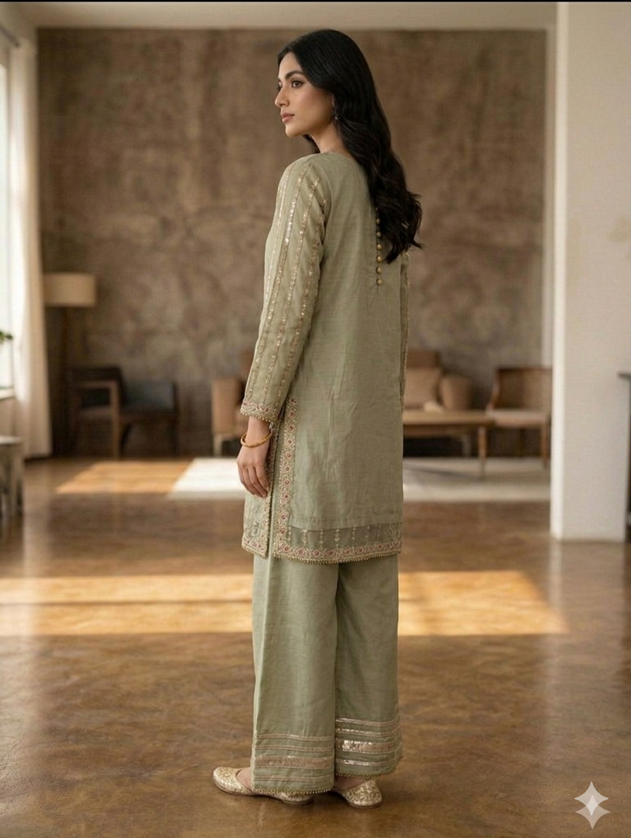 Lf041- 3pc Organza Embroidered Shirt With Flapper And Embroidered Dupatta