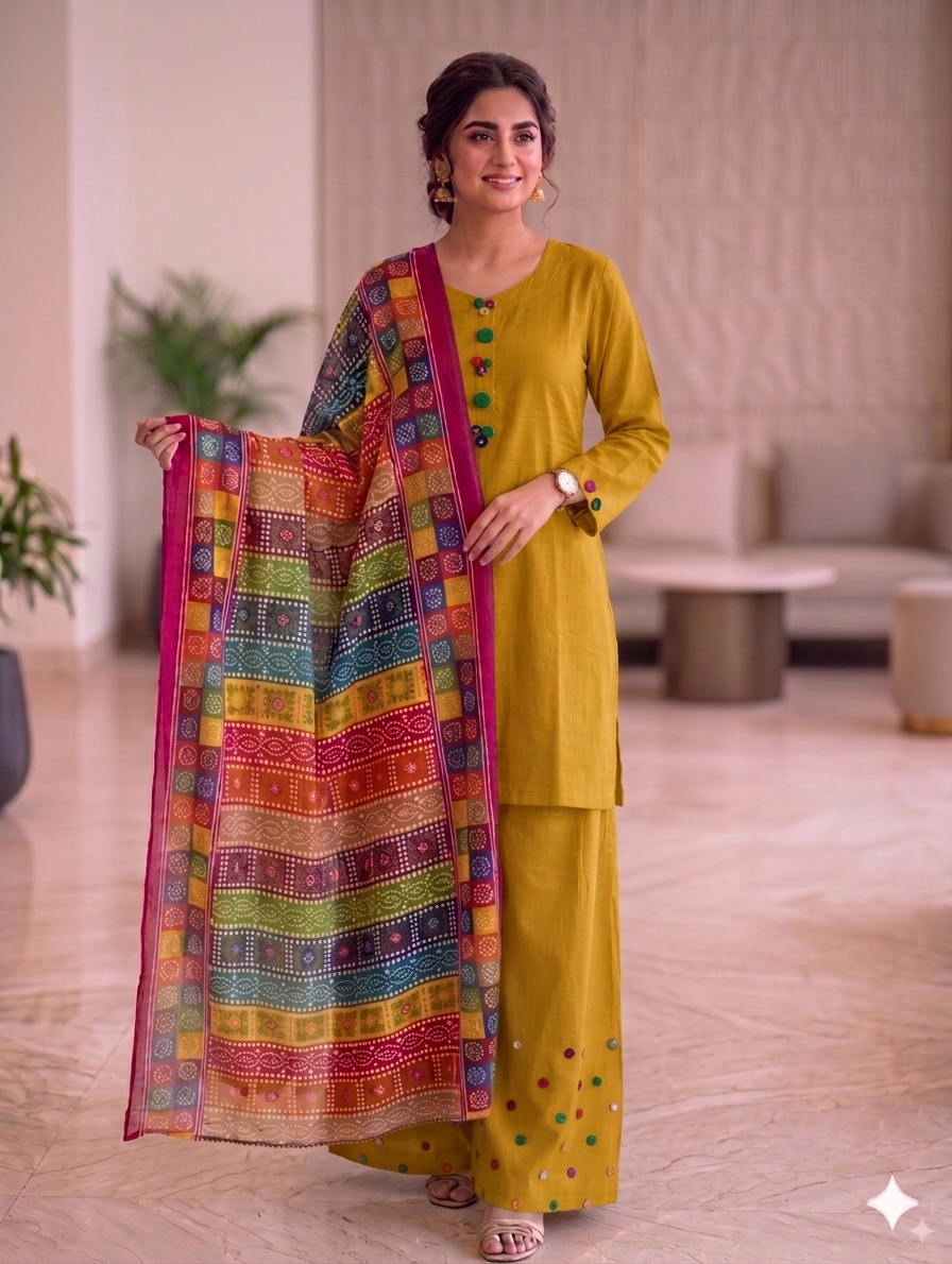 Sw001- Cotton Farshi Shalwar With Shirt And Chunri Multi Dupatta