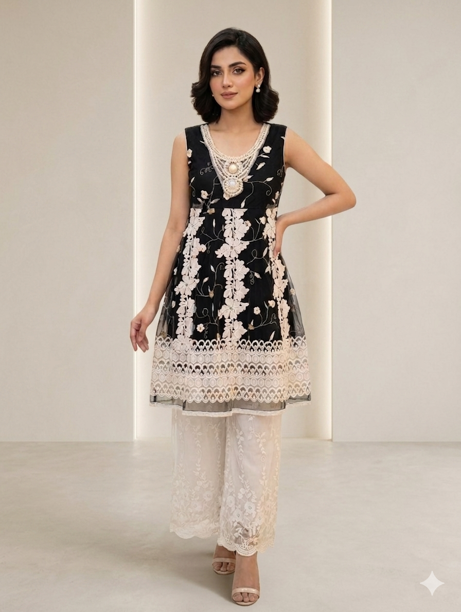 Lf078- 3pc Embroidered Net Frock With Straight Trouser And Net Dupatta