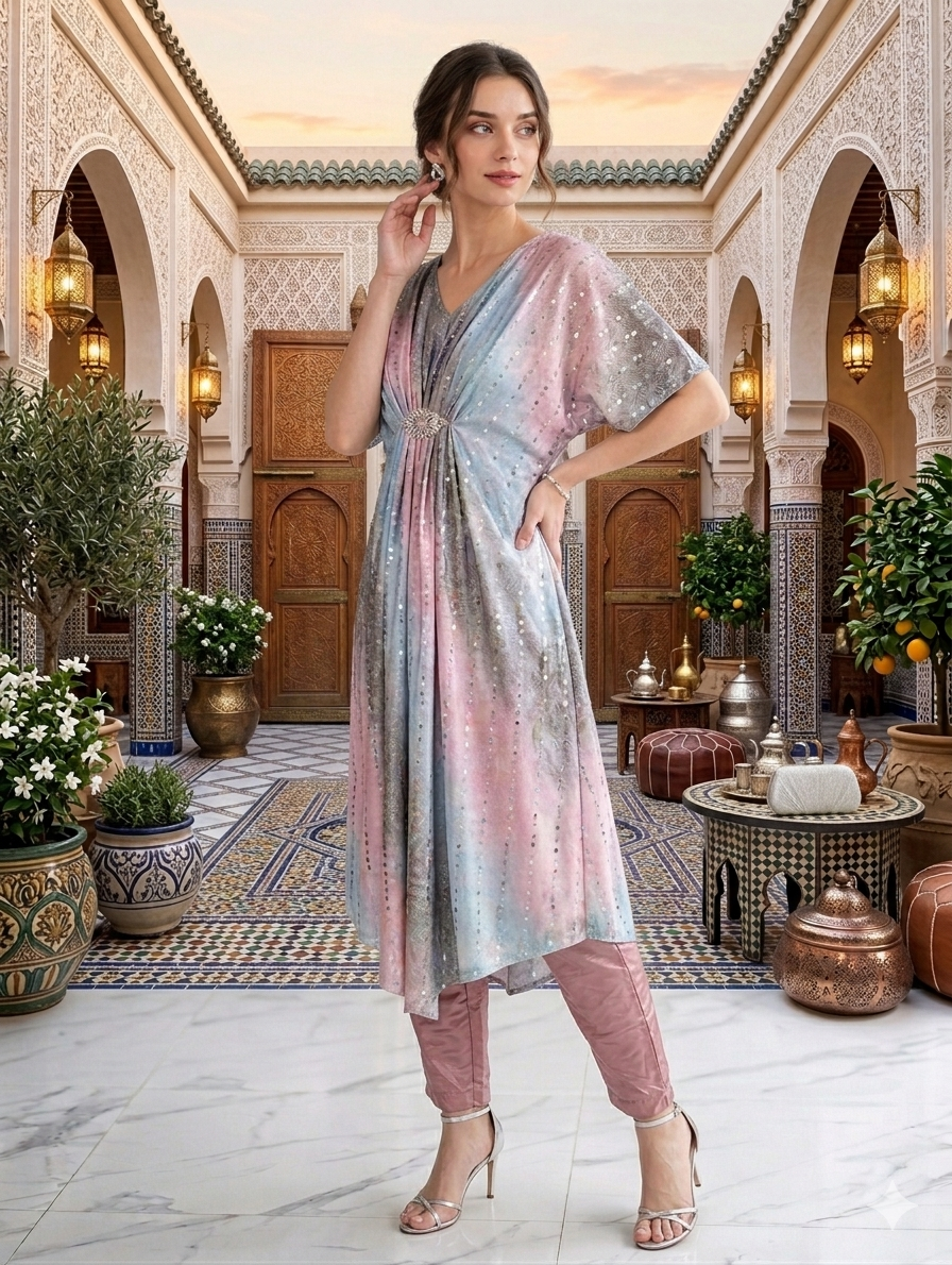 Lf053- 2pc Fancy Moonlight Kaftan With Trouser