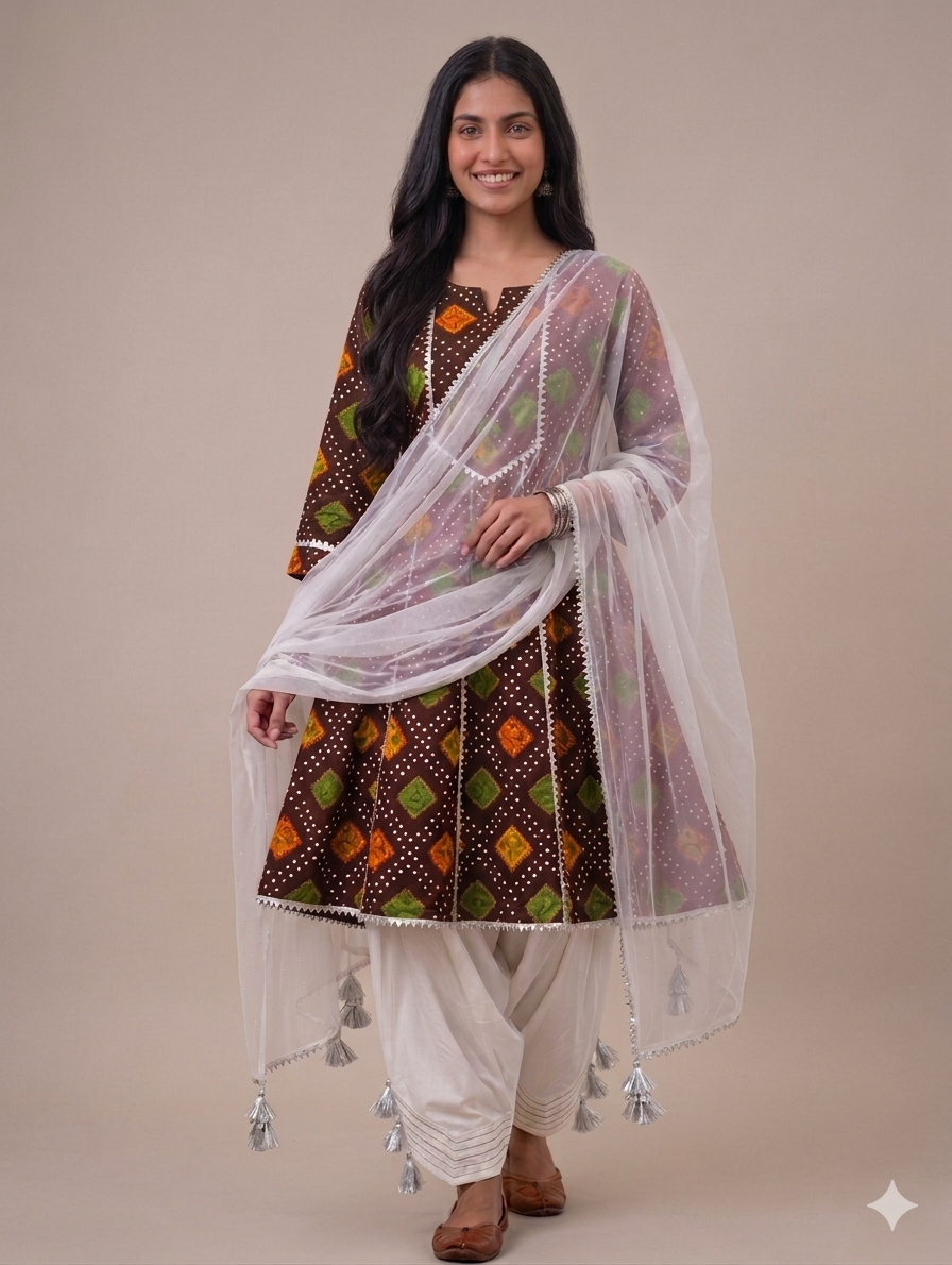 Sw005- Chunri Printed Frock With Farshi Shalwar And Shafoon Dupatta