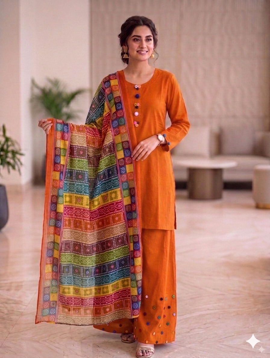 Sw001- Cotton Farshi Shalwar With Shirt And Chunri Multi Dupatta