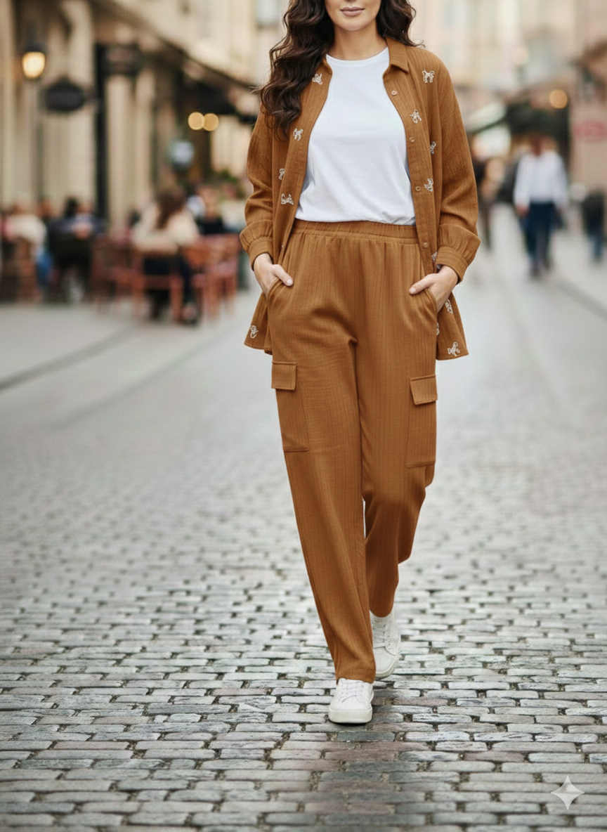 Cs023- 3pc Crush Button Down Shirt With Inner And Cargo Trouser