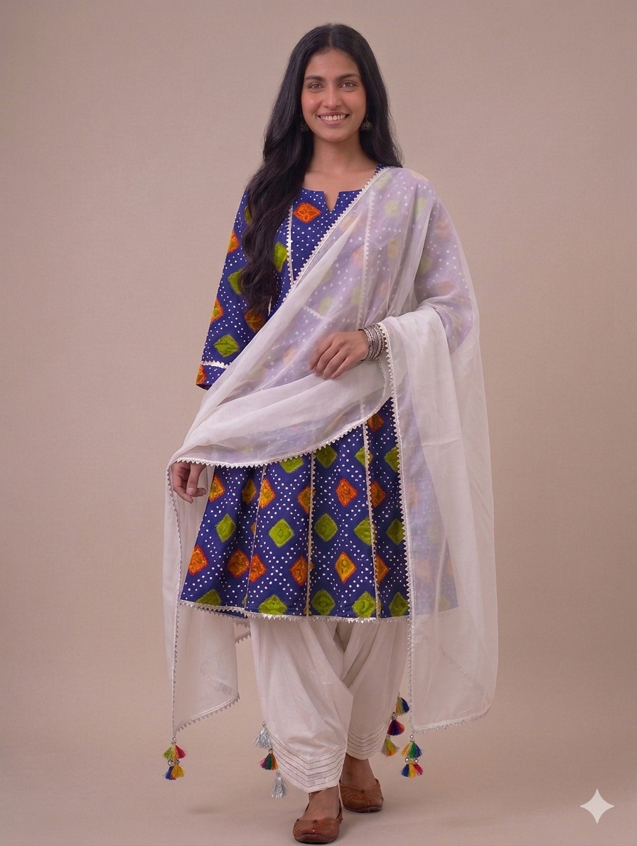 Sw005- Chunri Printed Frock With Farshi Shalwar And Shafoon Dupatta