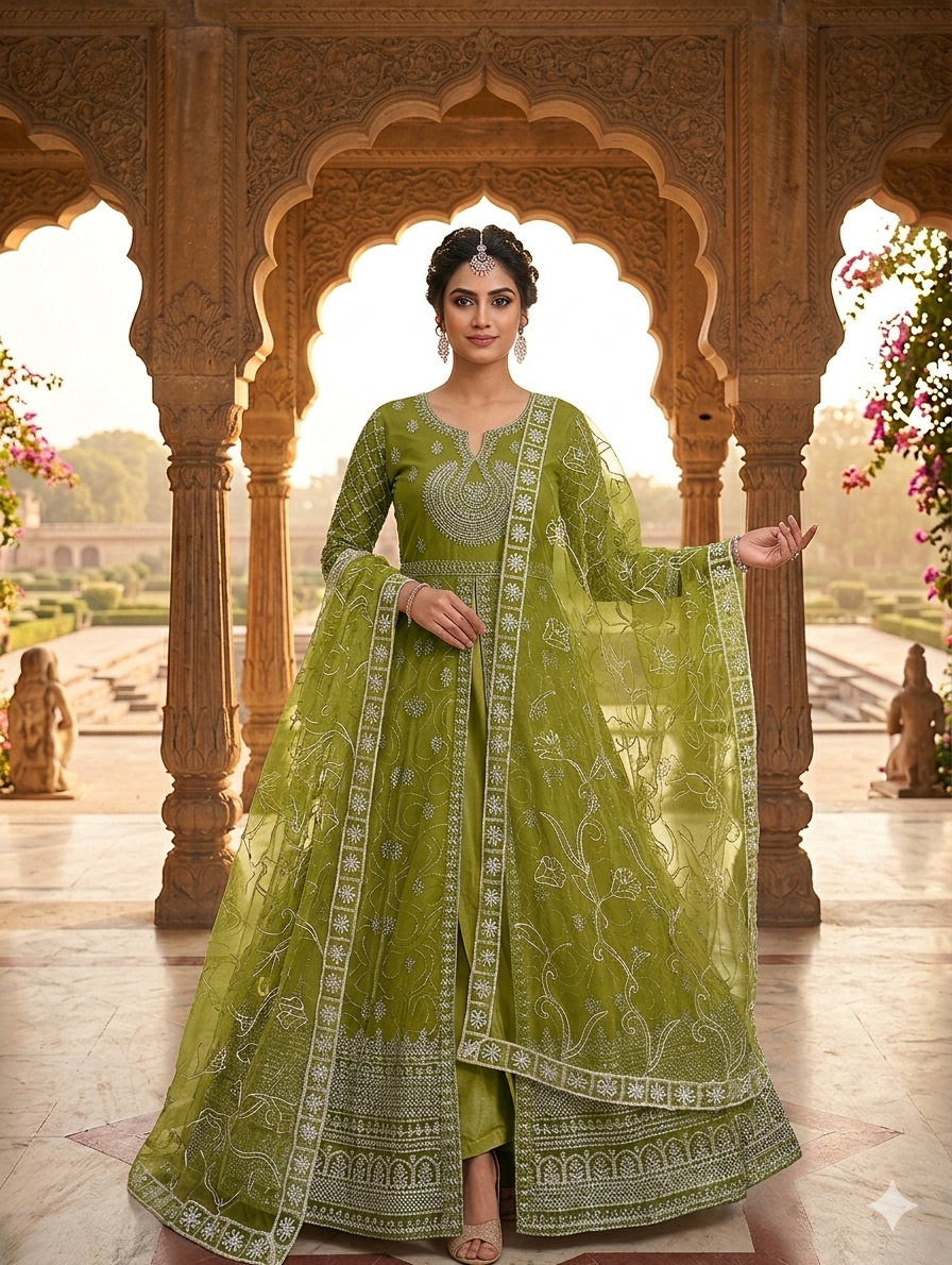 Lf058- 3pc Fancy Gown Style Net Working Maxi With Trouser And Working Dupatta