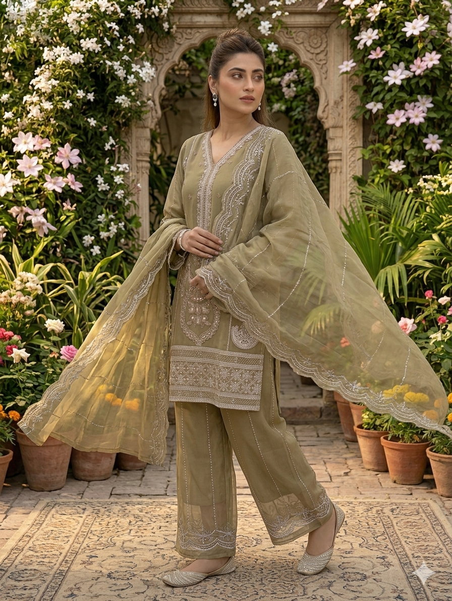 Lf033- 3pc Organza Embroidered Shirt With Trouser And Dupatta