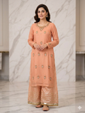 Lf027- 3pc HandMade Shafoon Long Shirt With Flapper And Shafoon Dupatta
