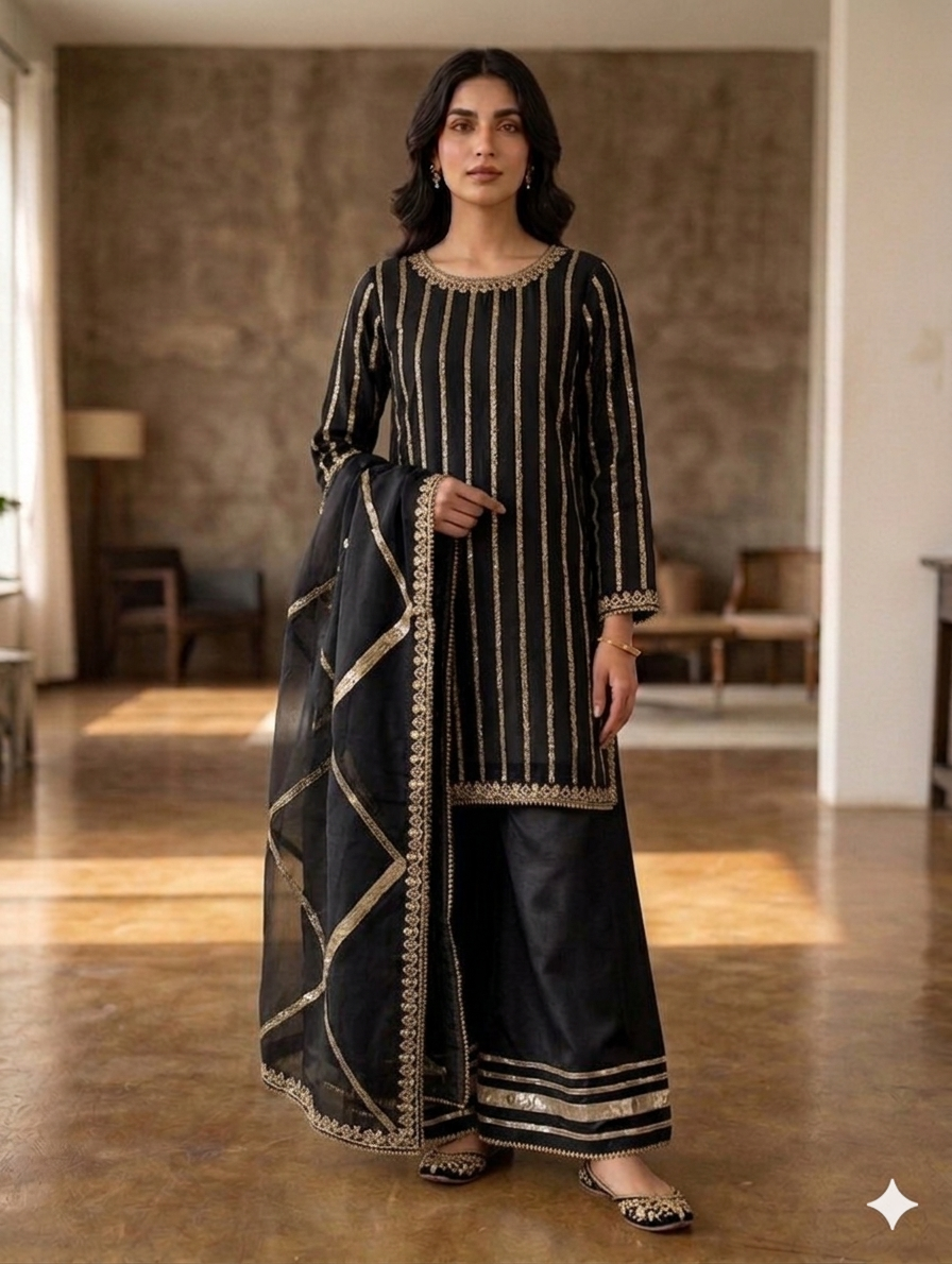 Lf041- 3pc Organza Embroidered Shirt With Flapper And Embroidered Dupatta