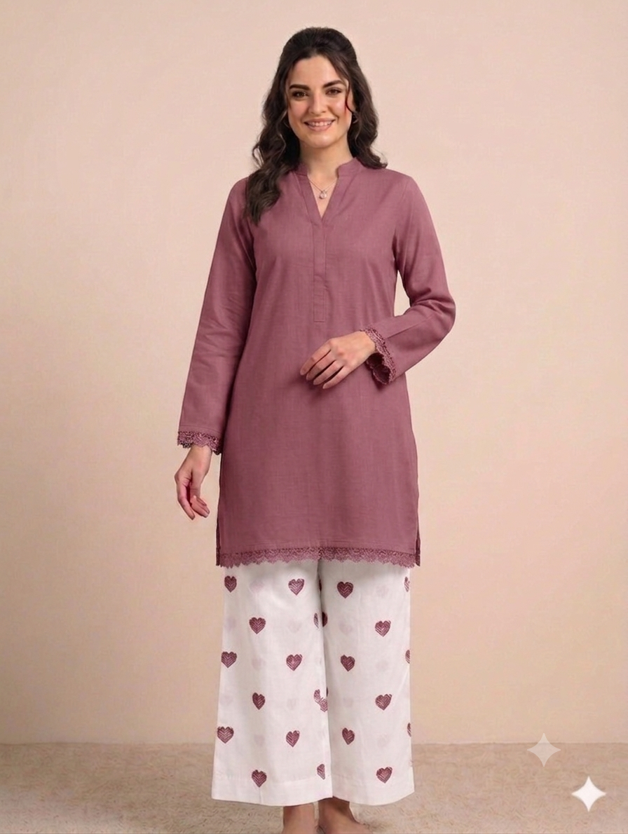 Cs053- 2pc Imported Cotton Heart Print Trouser With Shirt