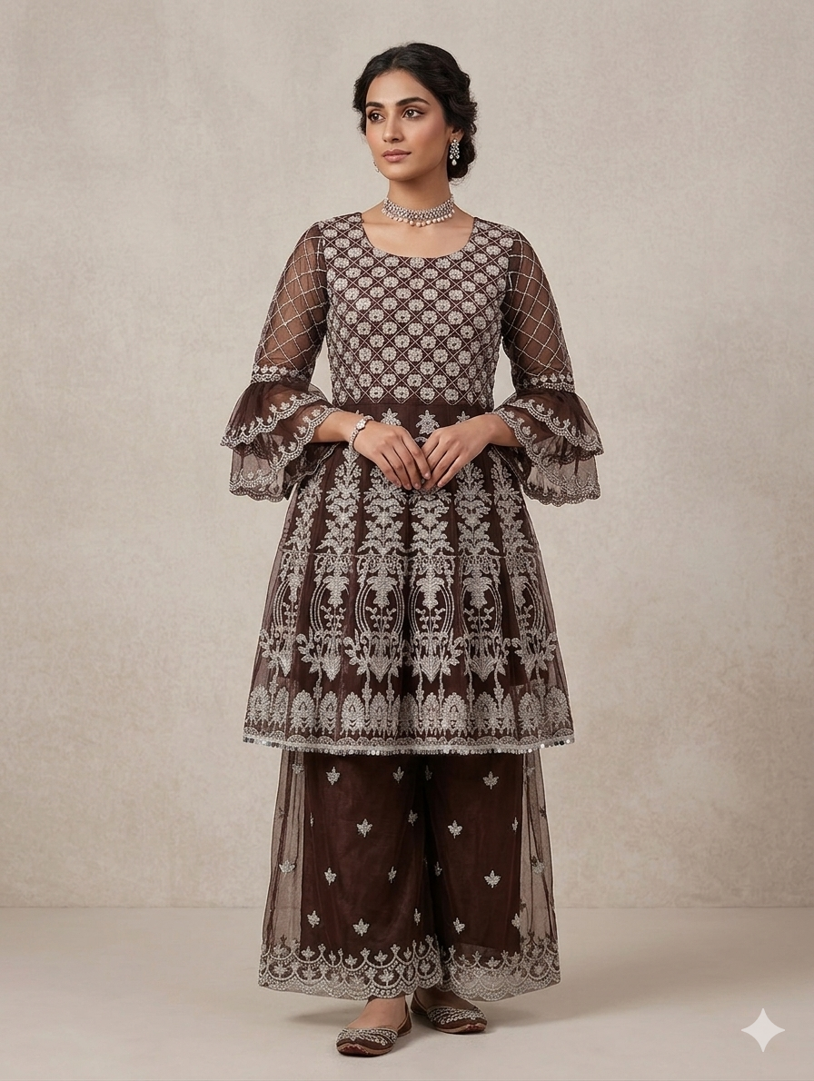 Lf087- 2pc Stonework Embroidered Frock With Net Trouser