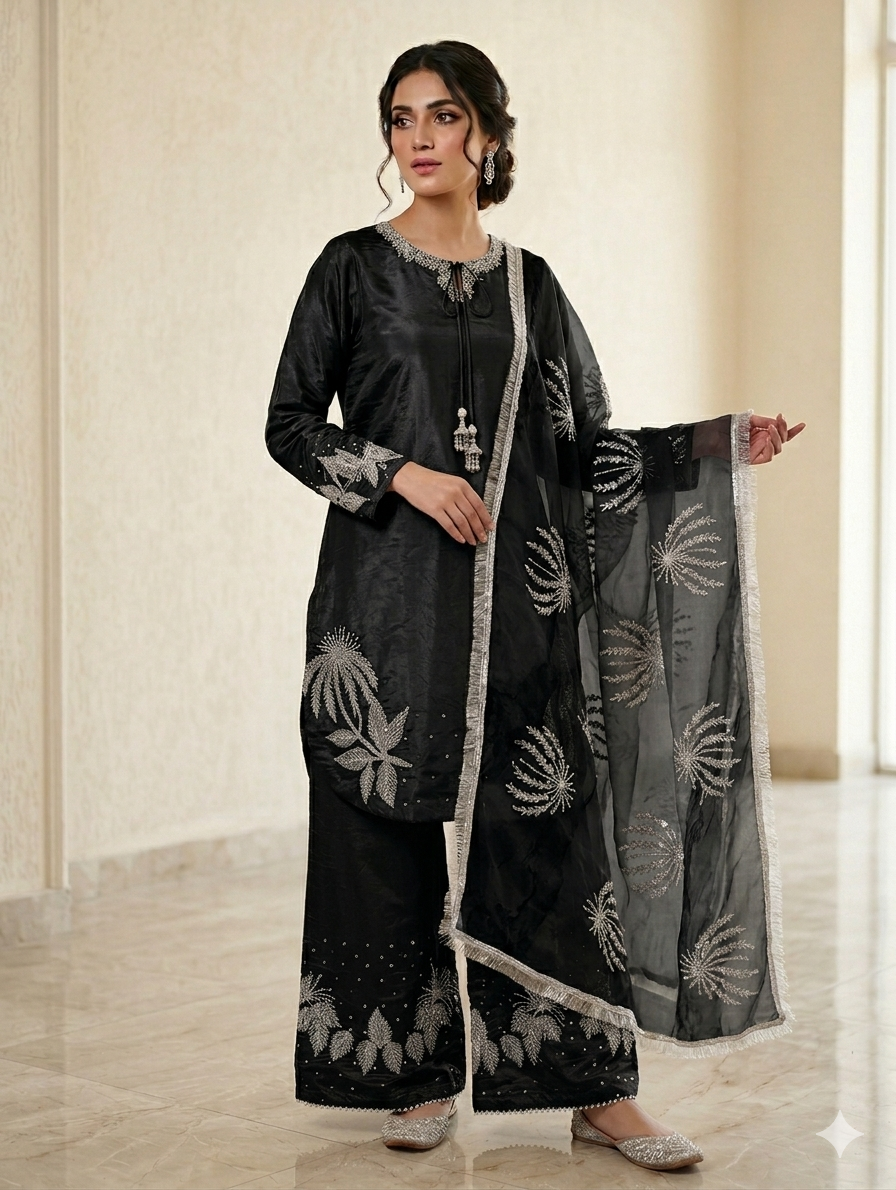 Lf032- 3pc Sheesha Silk HandMade Shirt With Straight Trouser And HandMade Dupatta