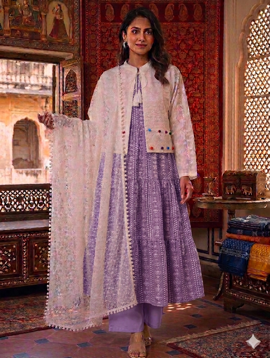 Sw002- 3pc Lawn Chunri Maxi With Chicken Koti, Trouser And ChickenNet Dupatta