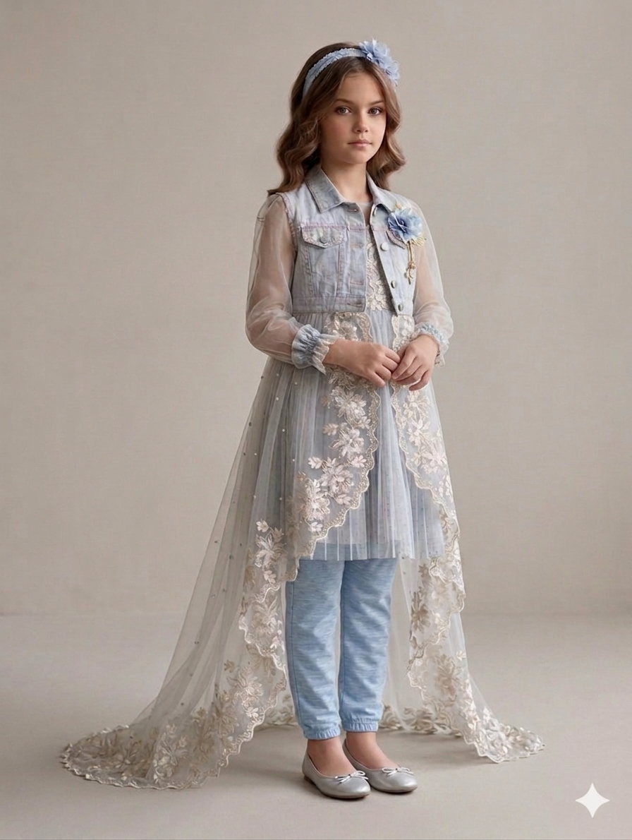 Ff031- Embroidered Net Tail Gown With Frock For Babygirl