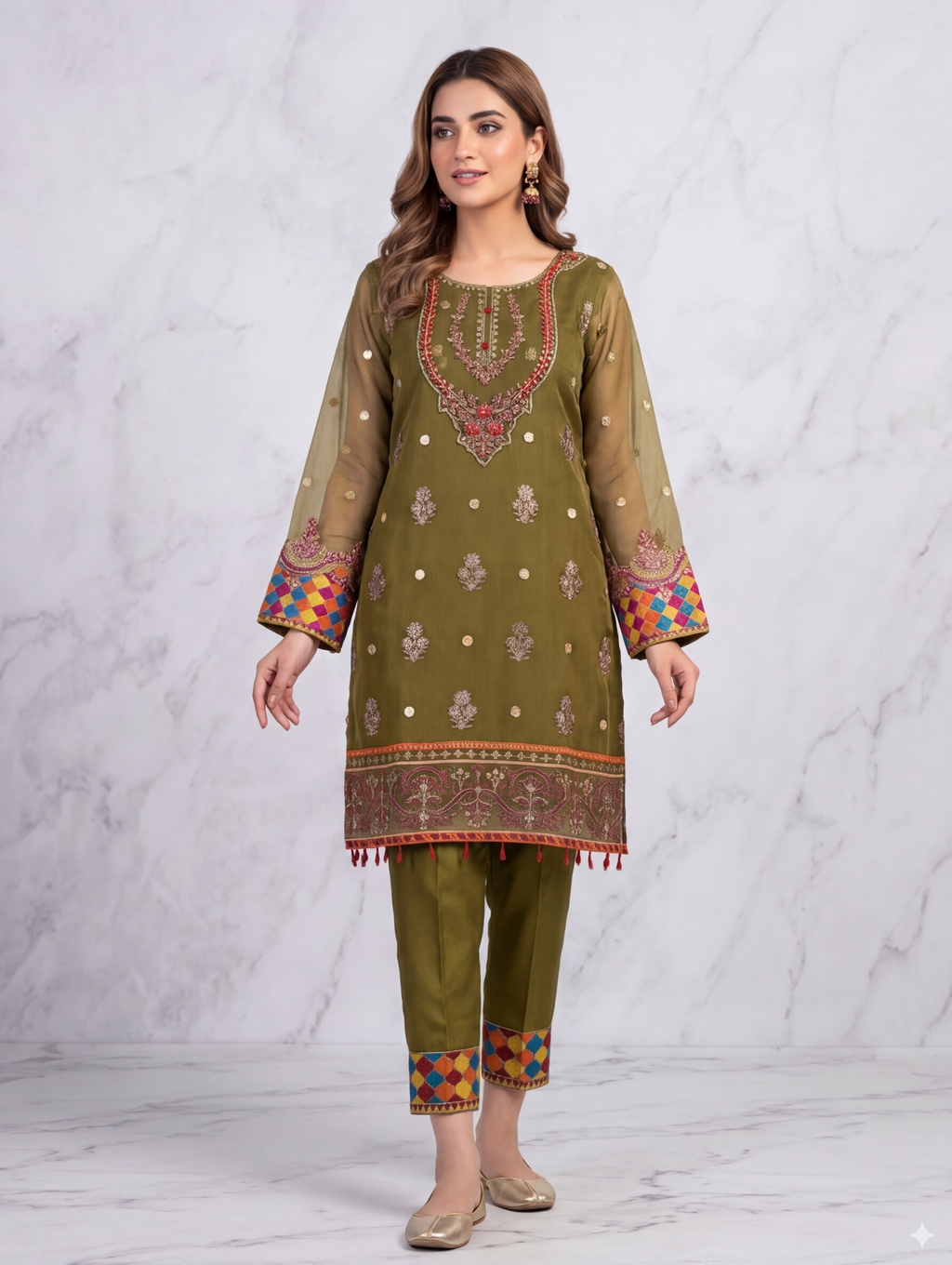 Lf043- 3pc Organza Working Dupatta With Trouser And Contrast Net Embroidered Dupatta