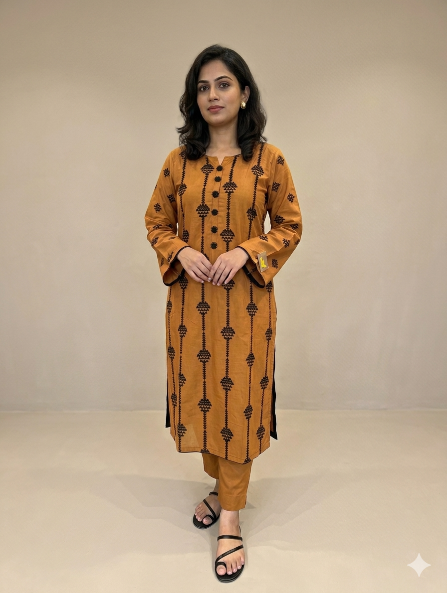 S004- 2pc Slub Long Length Embroidered Shirt With Trouser