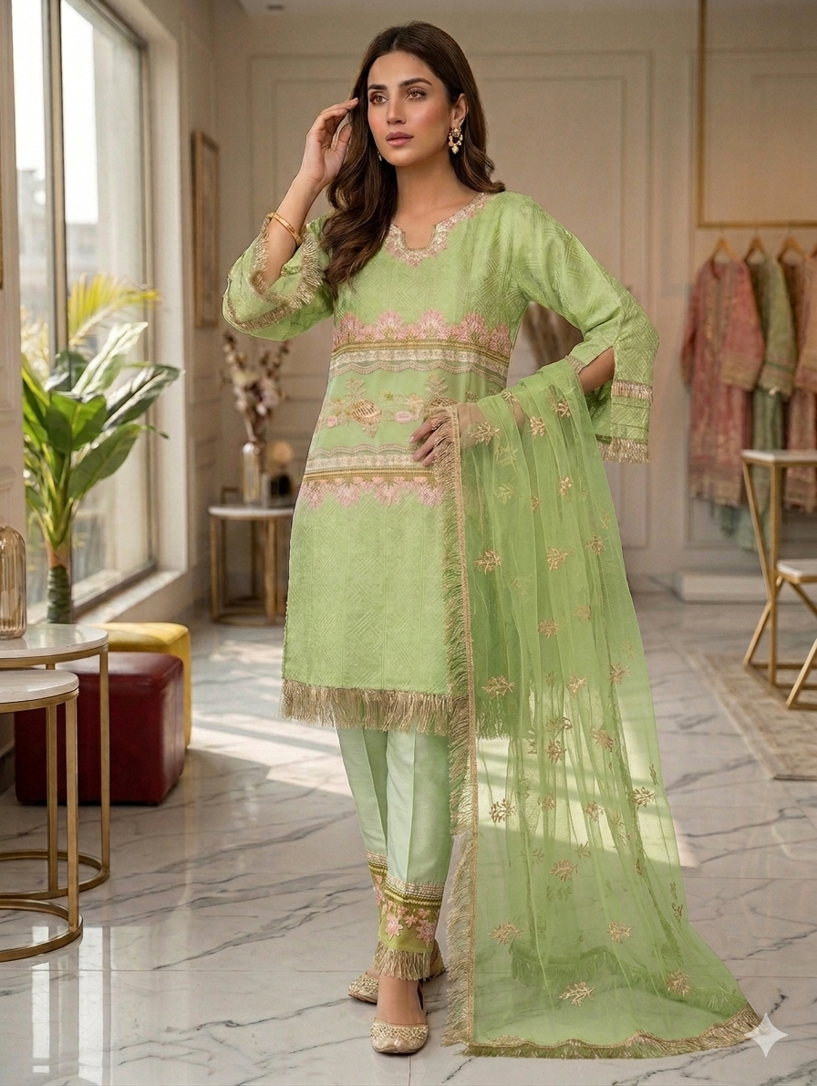 Lf036- 3pc Broche Fancy Shirt With Malai Trouser And Net Dupatta