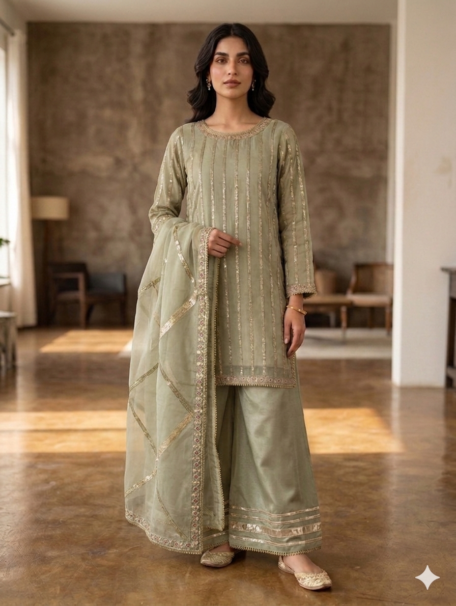 Lf041- 3pc Organza Embroidered Shirt With Flapper And Embroidered Dupatta