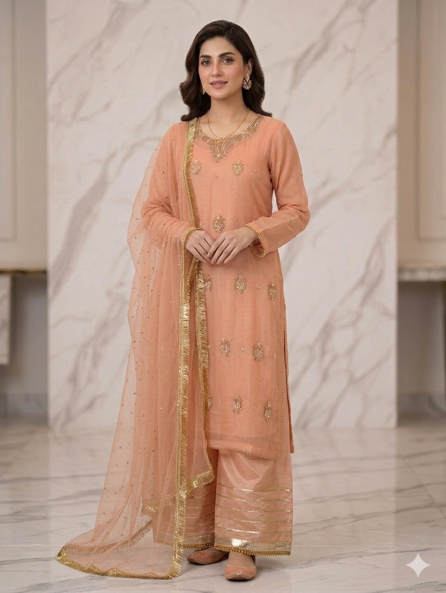 Lf027- 3pc HandMade Shafoon Long Shirt With Flapper And Shafoon Dupatta