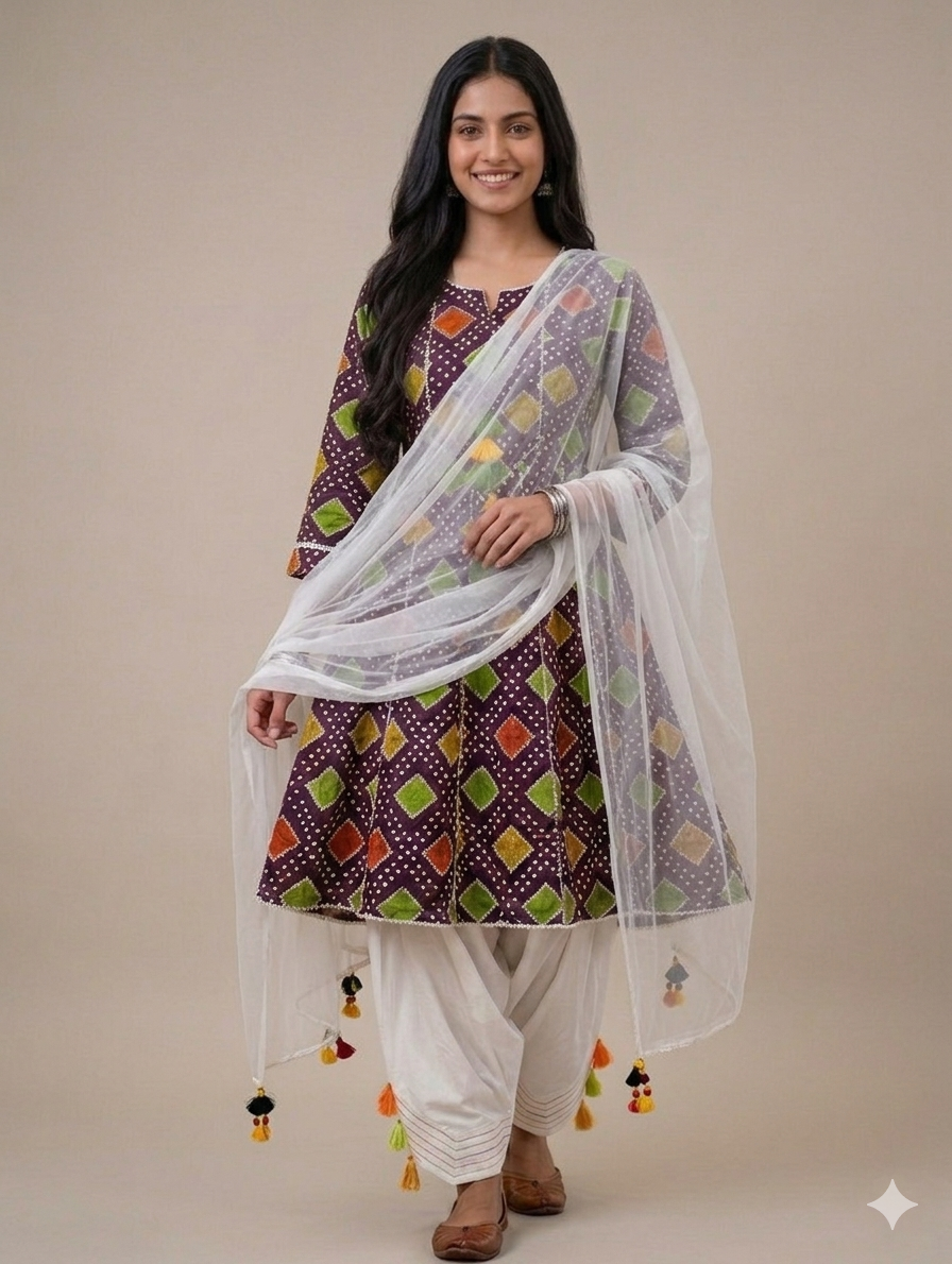 Sw005- Chunri Printed Frock With Farshi Shalwar And Shafoon Dupatta