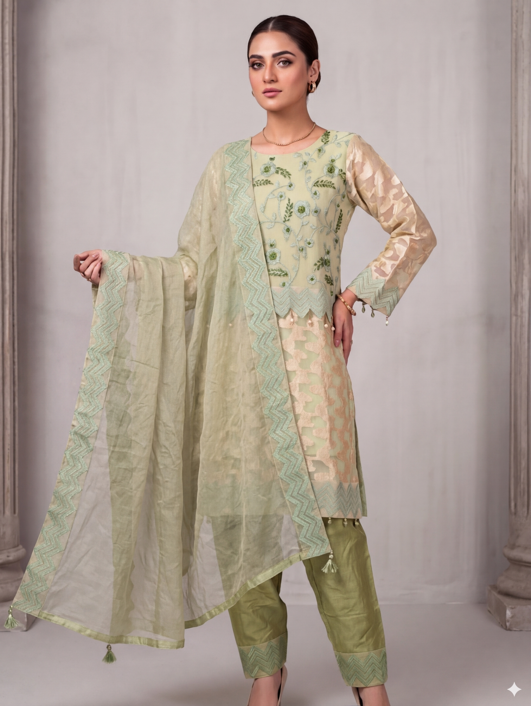 Lf044- 3pc Broche Fancy Shirt With Trouser And Organza Dupatta
