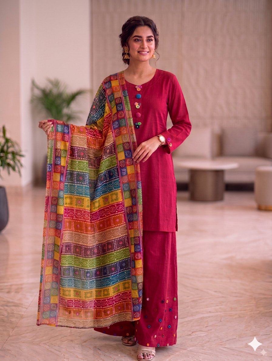 Sw001- Cotton Farshi Shalwar With Shirt And Chunri Multi Dupatta