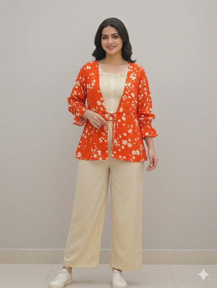 Cs046-3pc Gown Style With Smokey Inner And Trouser