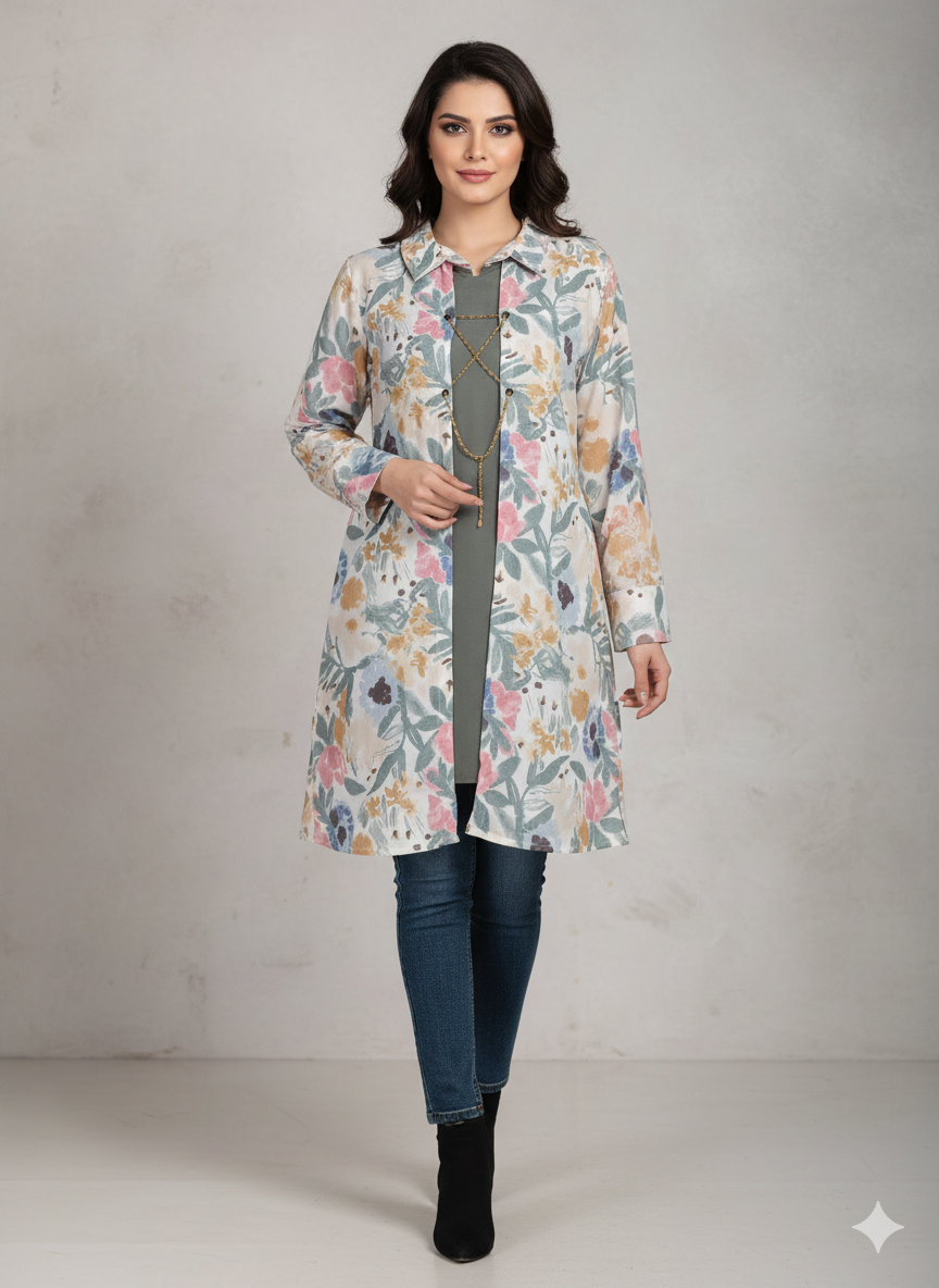 Gt007- Double Shirt Printed Gown Style Top